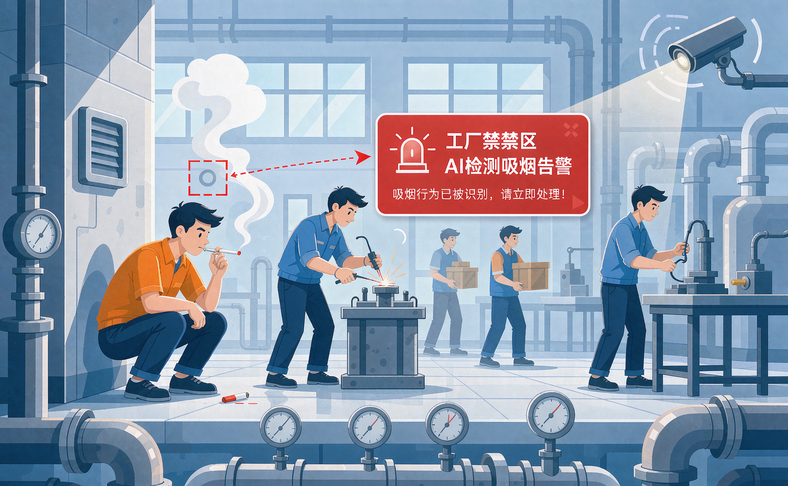 抽烟识别场景：AI检测禁烟区吸烟行为并弹窗告警